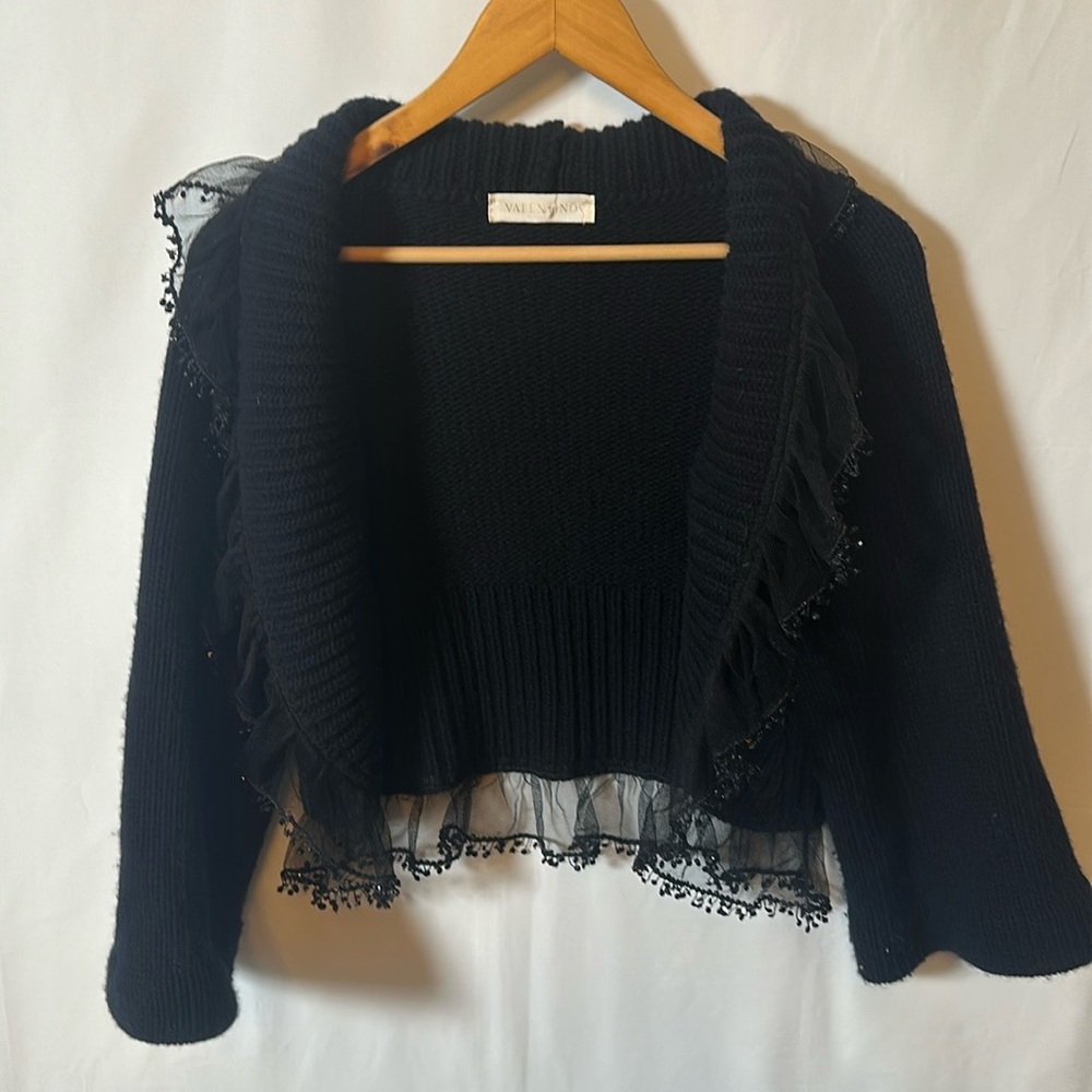 Vintage Valentino cropped knit cardigan w/ beaded tulle trim